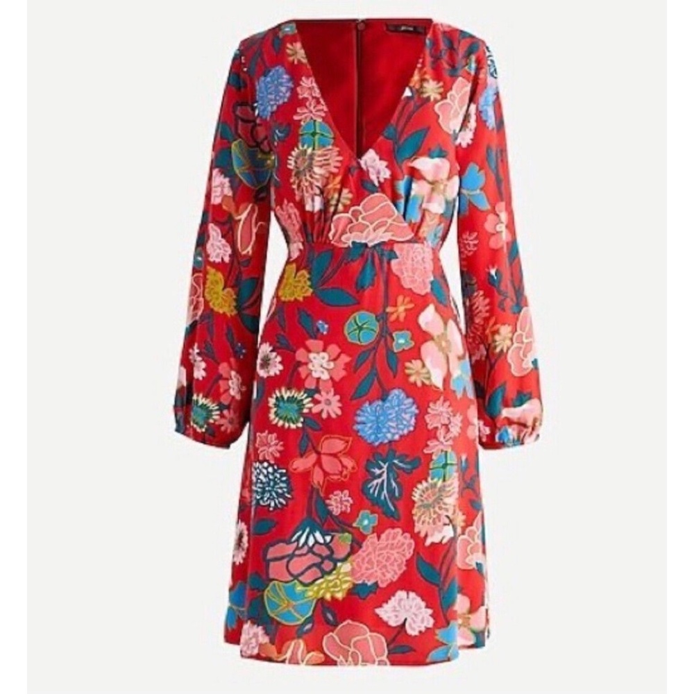 ✨NWT✨ J. CREW Floral V-Neck Bracelet Sleeve Mini Dress in Red Jade Multi Sz 0, 2